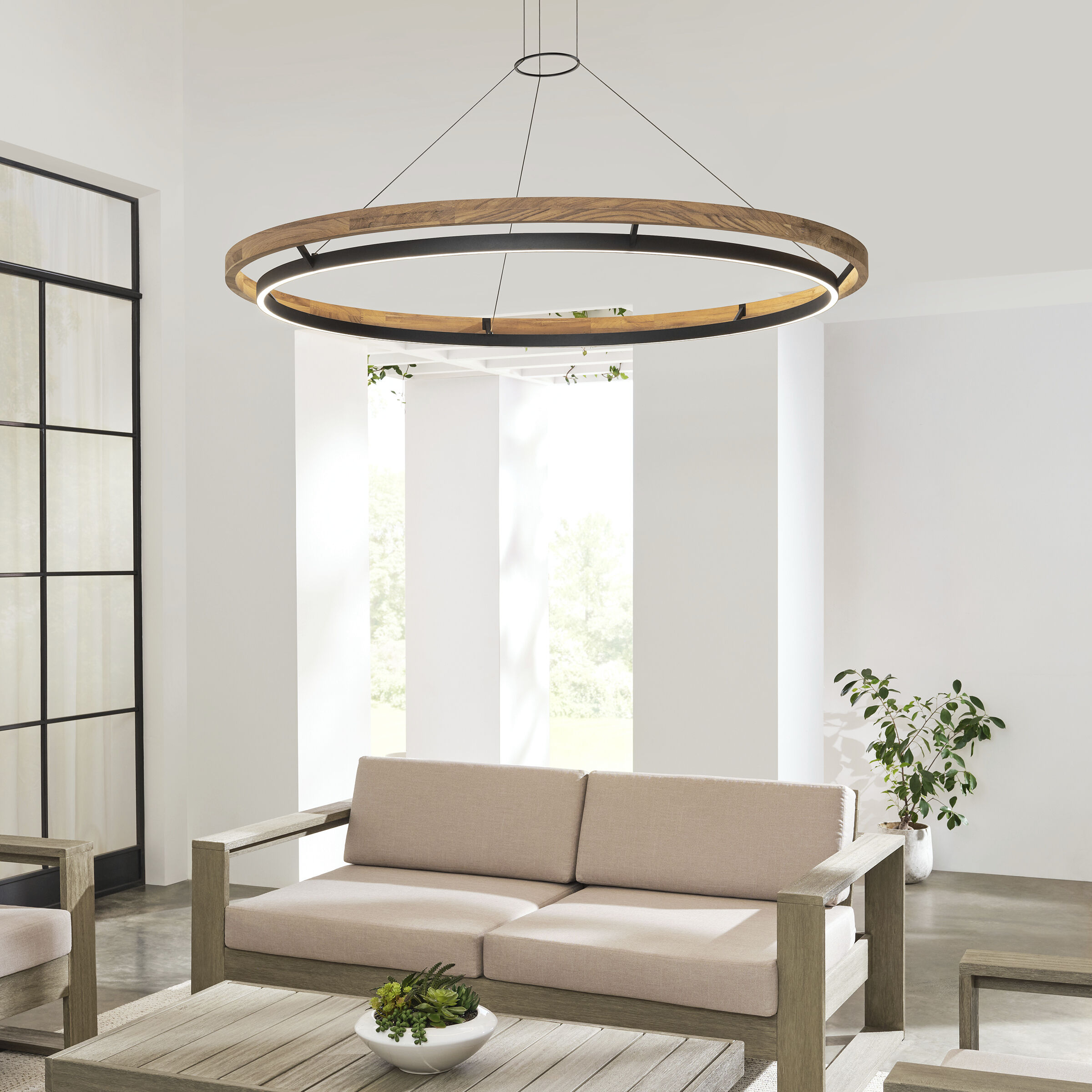 Sean Lavin Grace LED 65 inch Textured Black and Teak Wood Outdoor Chandelier