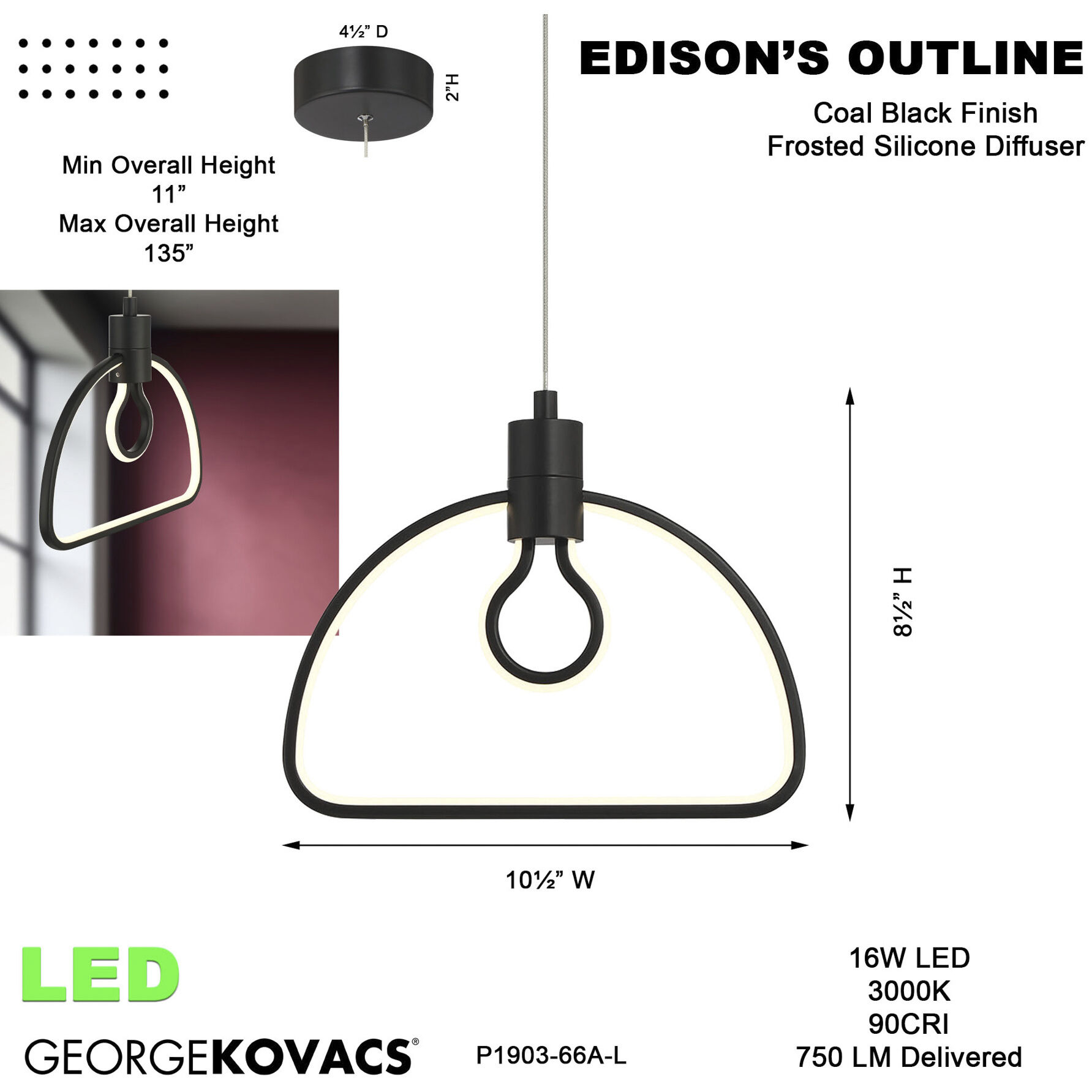 Edison's Outline LED 10.38 inch Coal Pendant Ceiling Light