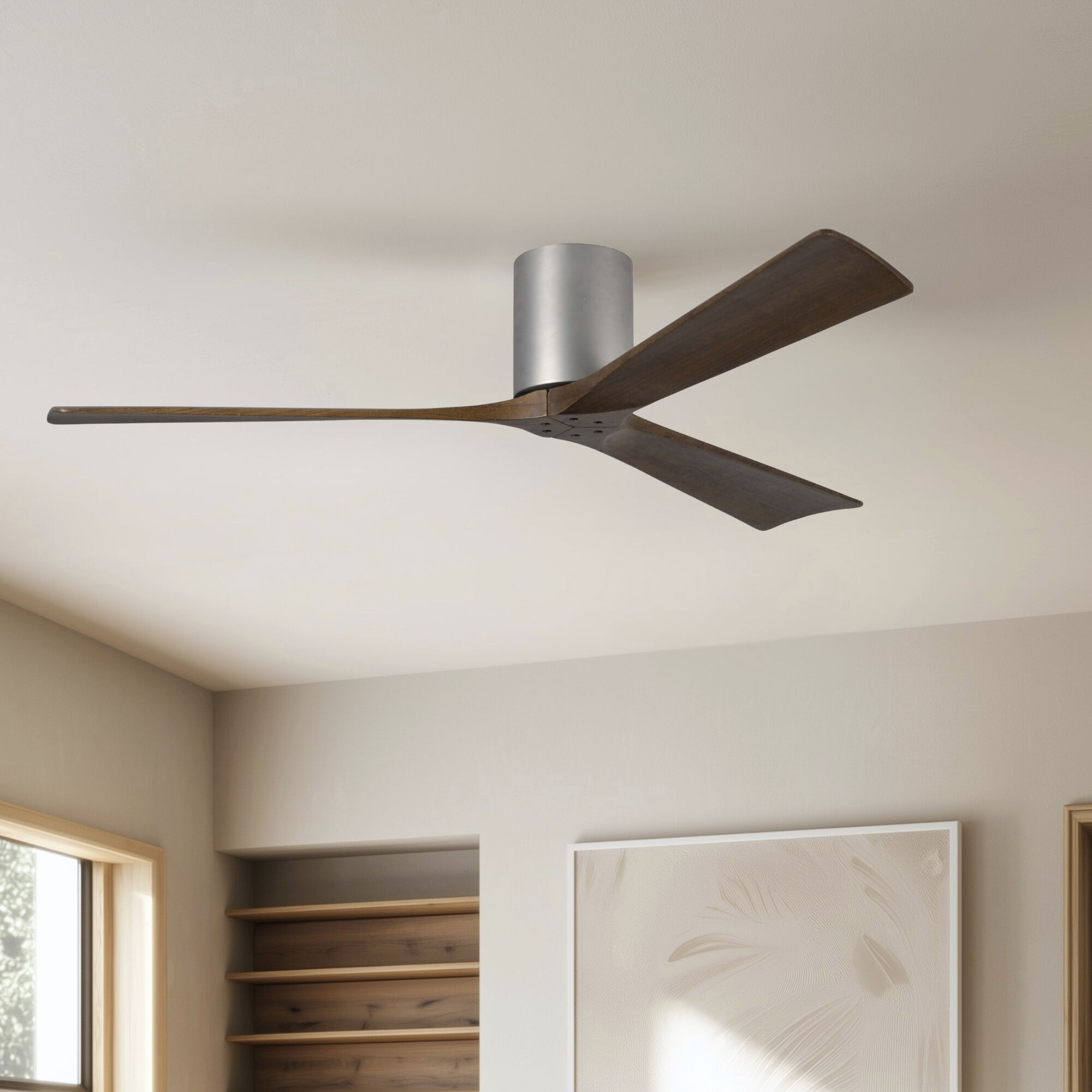 Atlas Irene-3H 60 inch Brushed Nickel with Walnut Tone Blades Flush Mount Paddle Fan, Flush Mounted