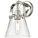 Pilaster II Cone Sconce Wall Light in Polished Nickel, Clear Glass