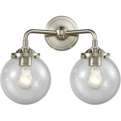Nouveau Beacon 2 Light 14 inch Brushed Satin Nickel Bath Vanity Light Wall Light in Seedy Glass, Nouveau