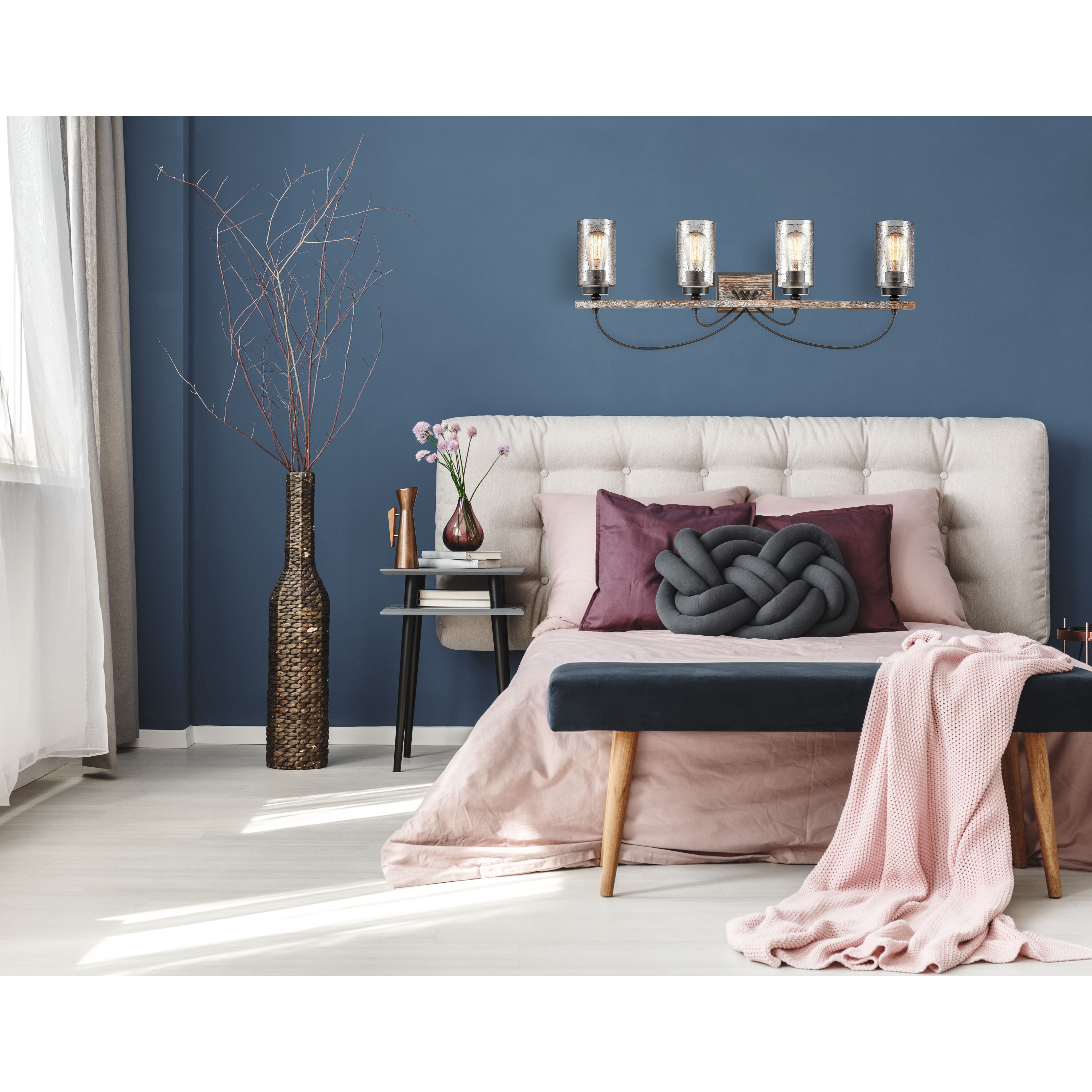 Paladin 4 Light 35 inch Matte Black Bath Vanity Light Wall Light in Seedy Glass