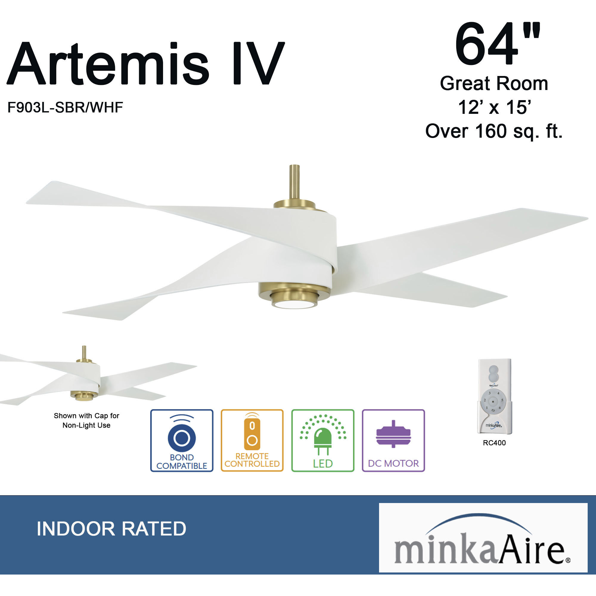 Artemis IV 64 inch Soft Brass with Flat White Blades Ceiling Fan in Soft Brass/Flat White