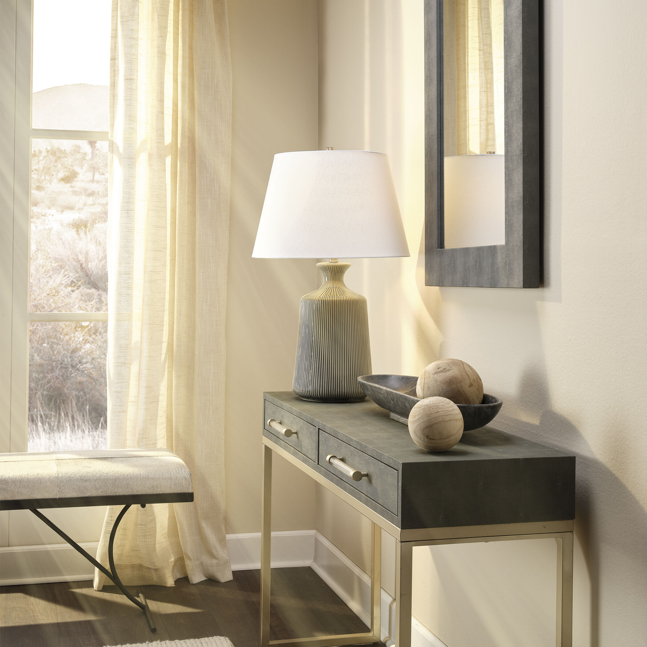 Kain 48 X 16 inch Grey Faux Shagreen and Nickel Metal Console