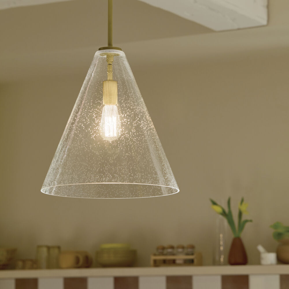 Everly 1 Light Natural Brass Pendant Ceiling Light in Clear Seeded