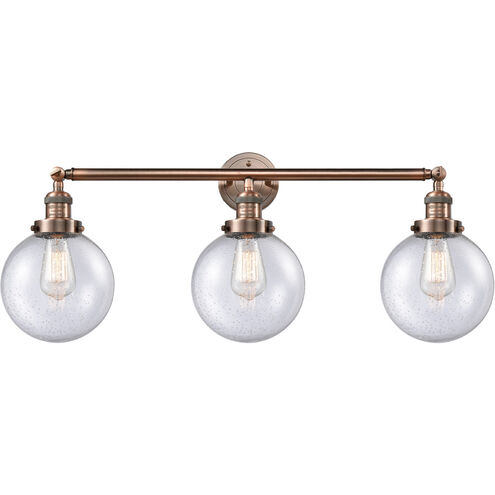 Franklin Restoration Large Beacon 3 Light 32 inch Antique Copper Bath Vanity Light Wall Light in Seedy Glass, Franklin Restoration