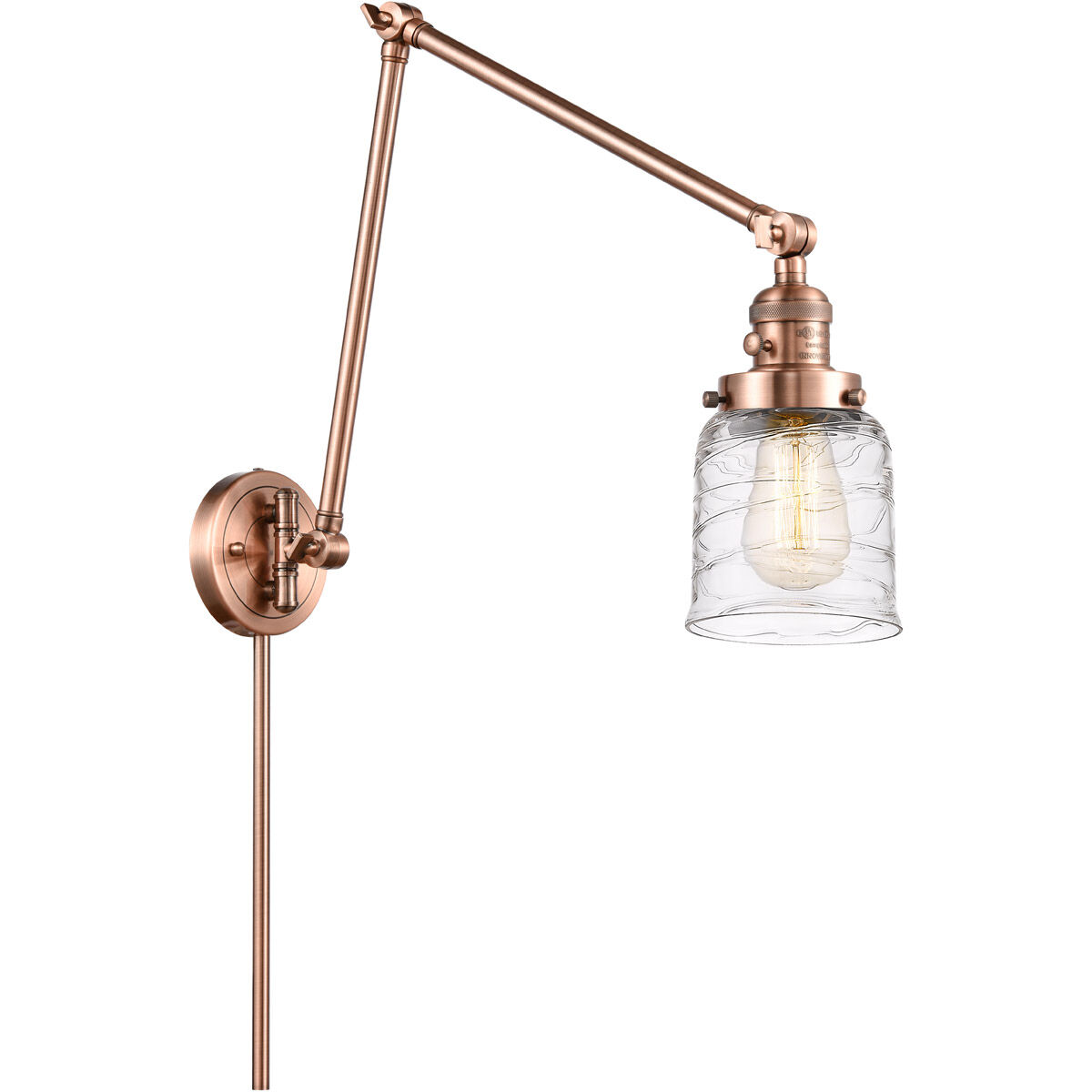 Franklin Restoration Bell 30 inch 100 watt Antique Copper Swing Arm Wall Light in Deco Swirl Glass