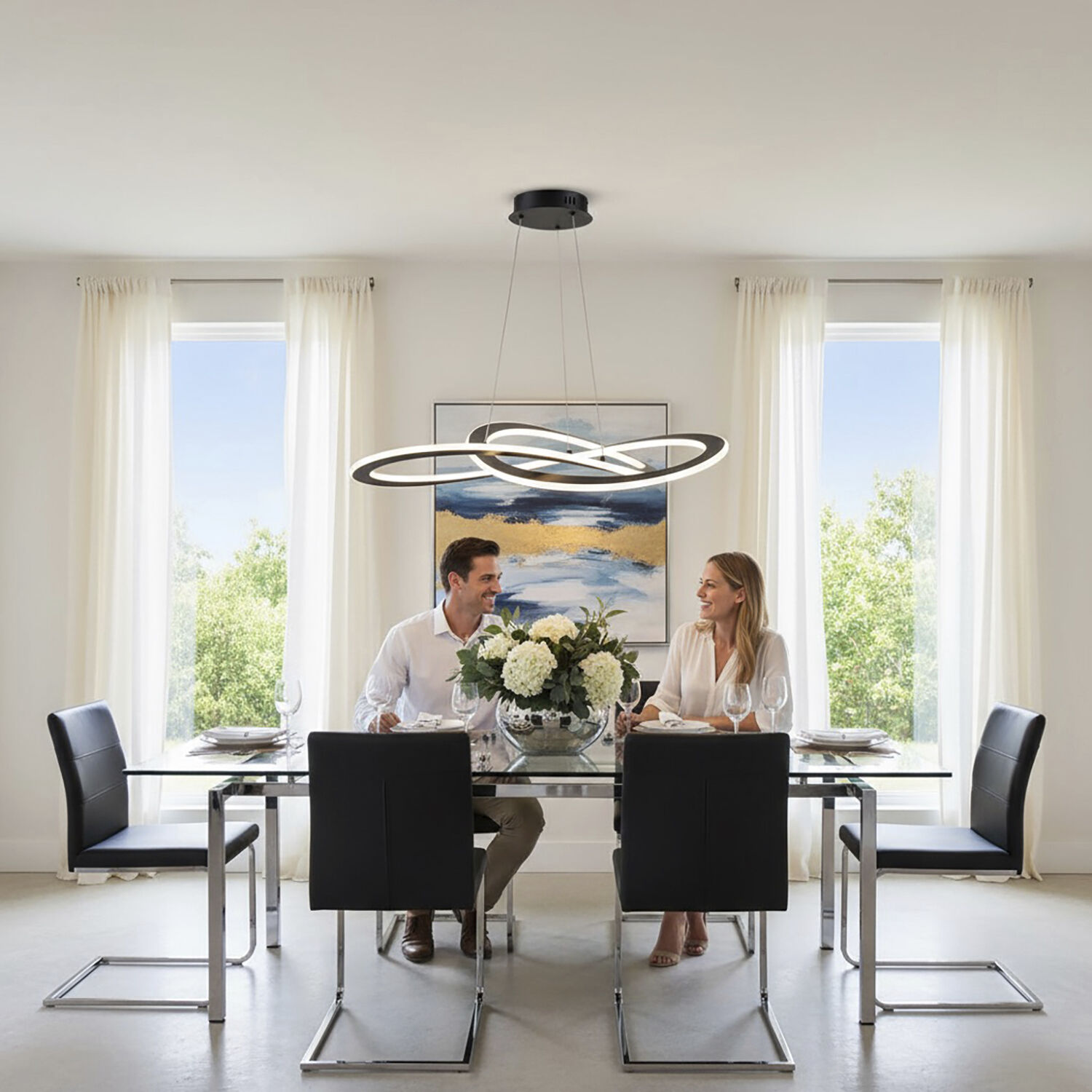 Wave LED 32 inch Black Chandelier Ceiling Light