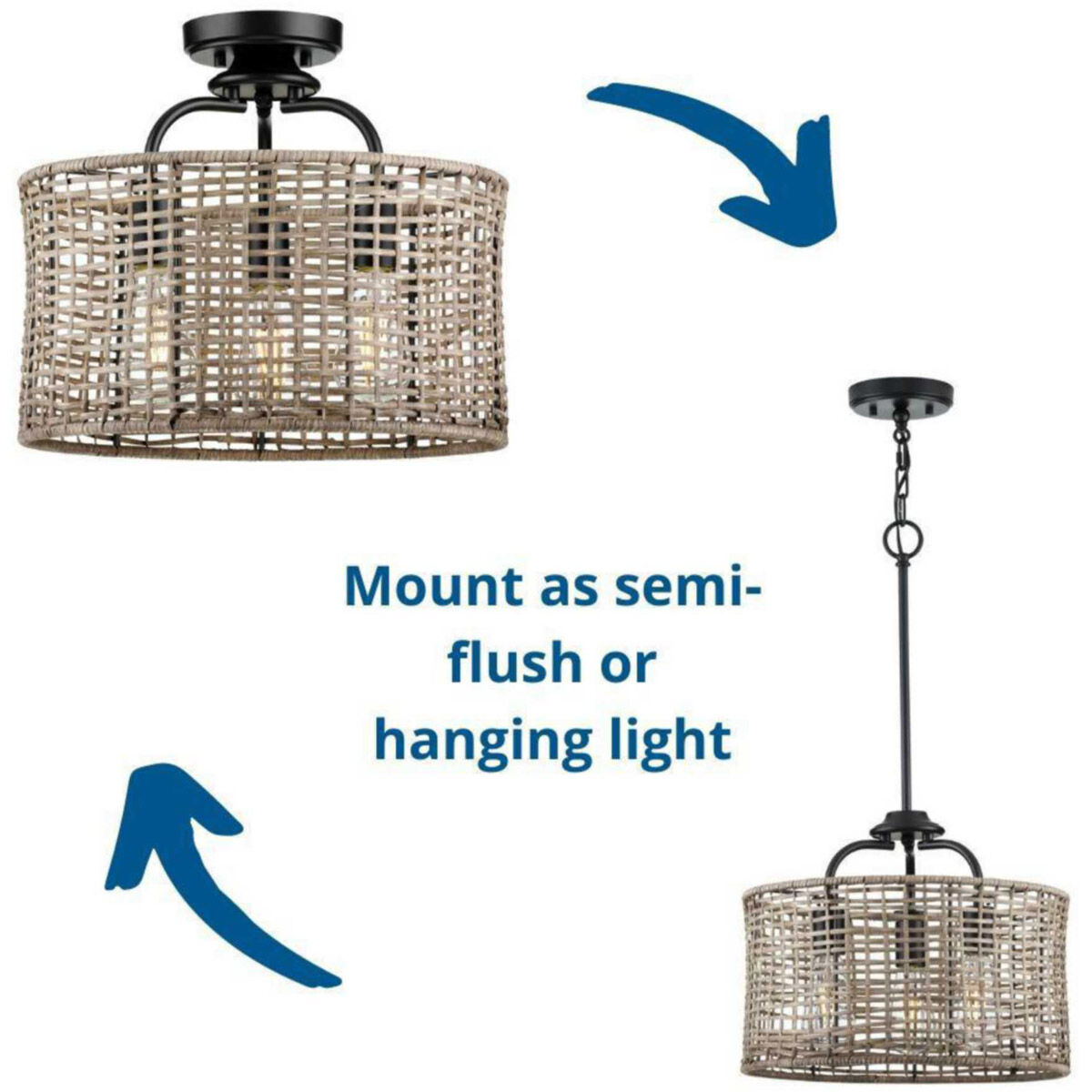 Lavelle 3 Light 16 inch Matte Black Semi Flush Mount Ceiling Light, Pendant Convertible