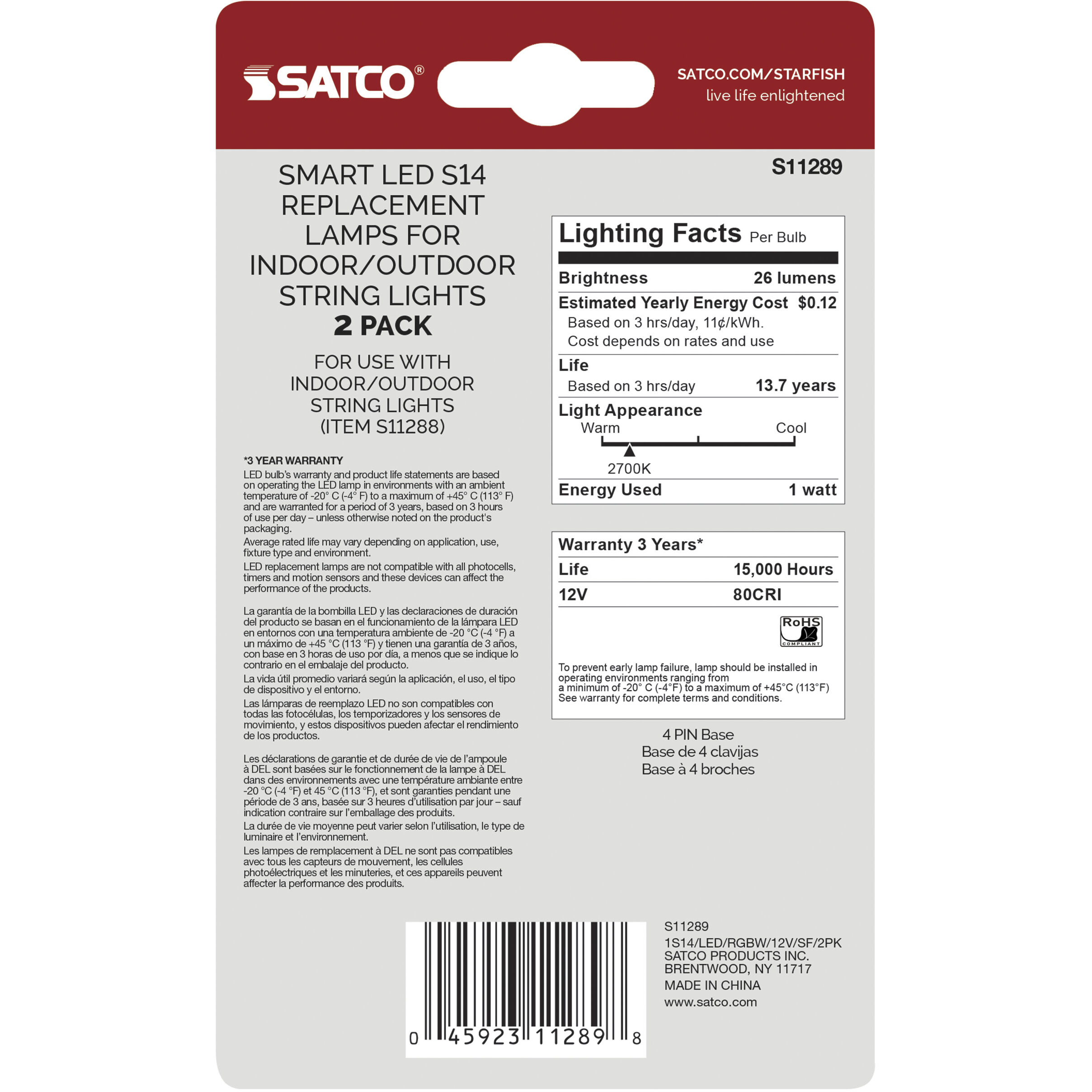 Starfish IOT LED S14 4-Pin 1 watt 2700K Replacement String Lamp