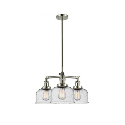 Franklin Restoration Large Bell 3 Light 22 inch Polished Nickel Chandelier Ceiling Light in Seedy Glass, Franklin Restoration