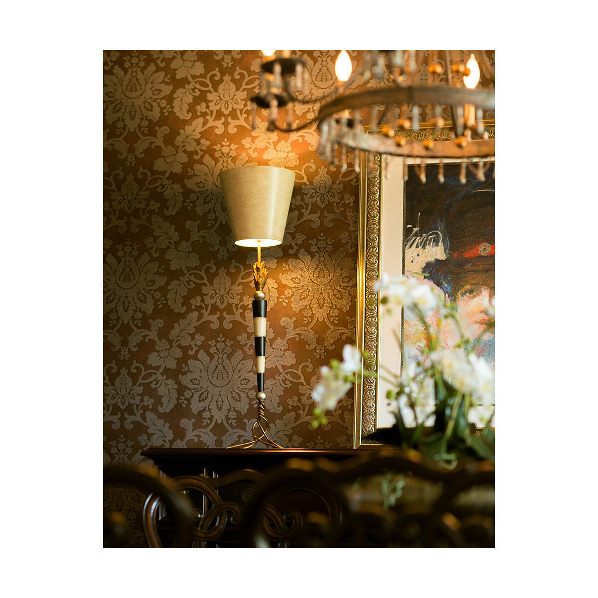 Flambeau 36 inch 60.00 watt Black And Cream With Gold And Silver Leaf Table Lamp Portable Light, Flambeau