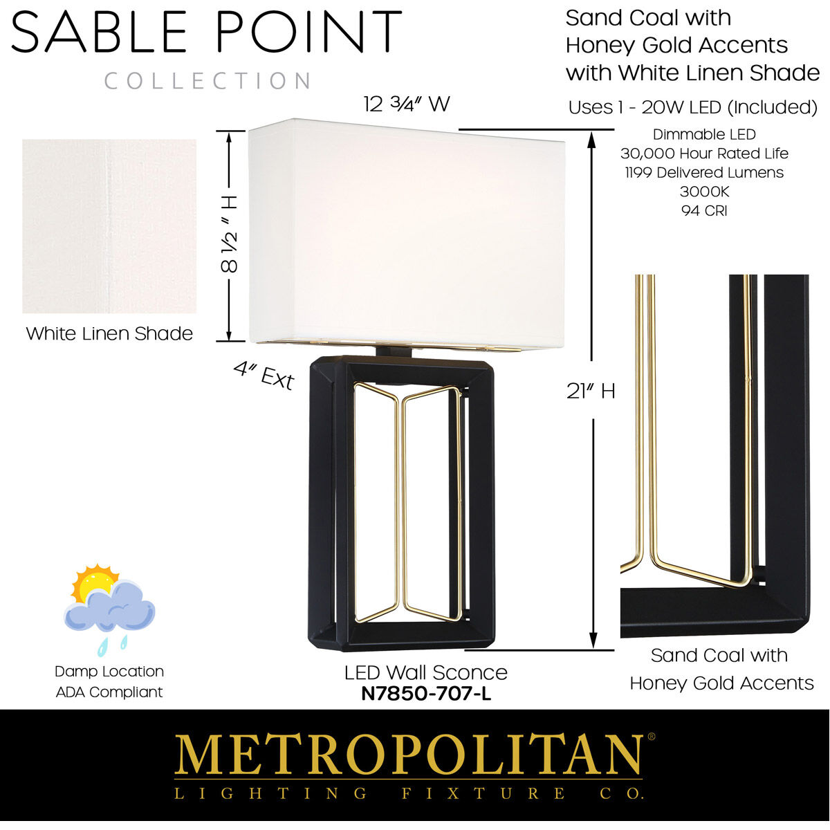 Sable Point LED 12.75 inch Sand Coal With Honey Gold Wall Sconce Wall Light