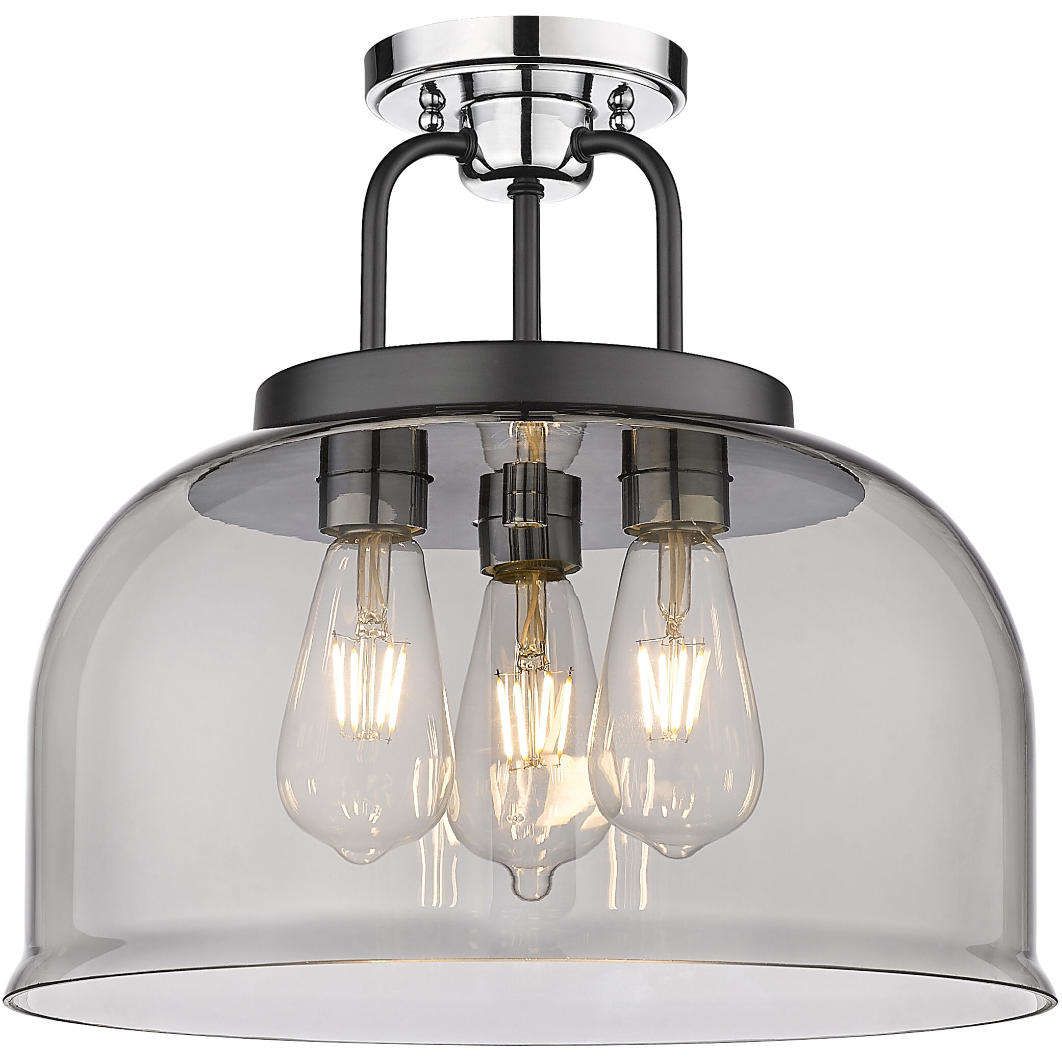 Kahana 3 Light 15 inch Black Polished Chrome Semi-Flush Mount Ceiling Light in Plated Smoke Glass