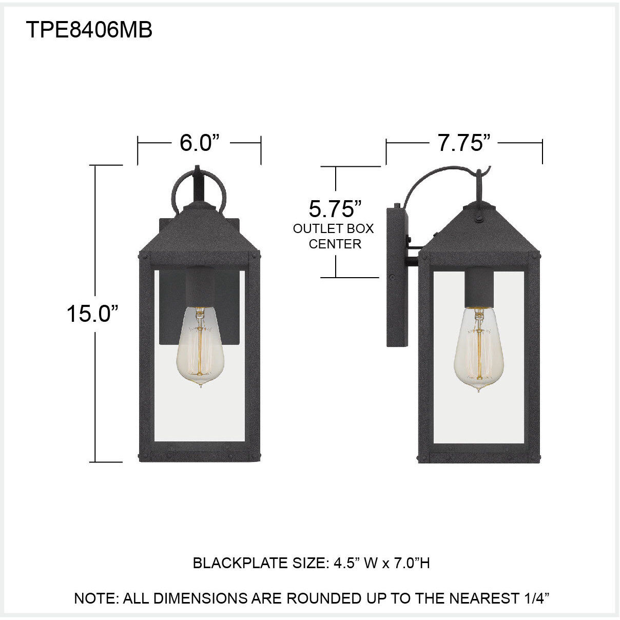 Thorpe 1 Light 15 inch Mottled Black Outdoor Wall Lantern, Medium
