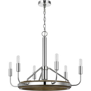 Saluda 6 Light 26 inch Chrome and Oak Chandelier Ceiling Light, Candelabra Style