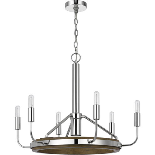 Saluda 6 Light 26 inch Chrome and Oak Chandelier Ceiling Light, Candelabra Style