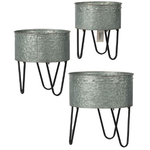 Acoma Galvanized Silver/Black Outdoor Planter, Set of 3