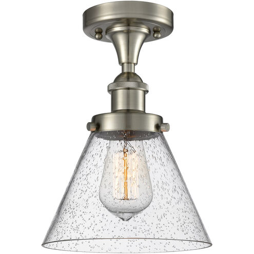 Ballston Large Cone LED 8 inch Brushed Satin Nickel Semi-Flush Mount Ceiling Light in Seedy Glass, Ballston