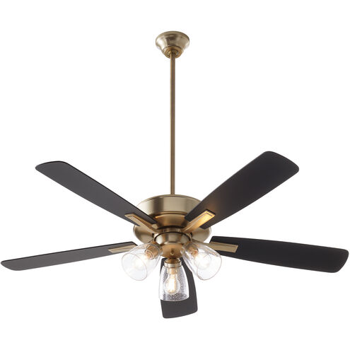 Ovation 52 inch Aged Brass with Matte Black/Walnut Blades Ceiling Fan in 3 Light Clear Seeded Glass Shades