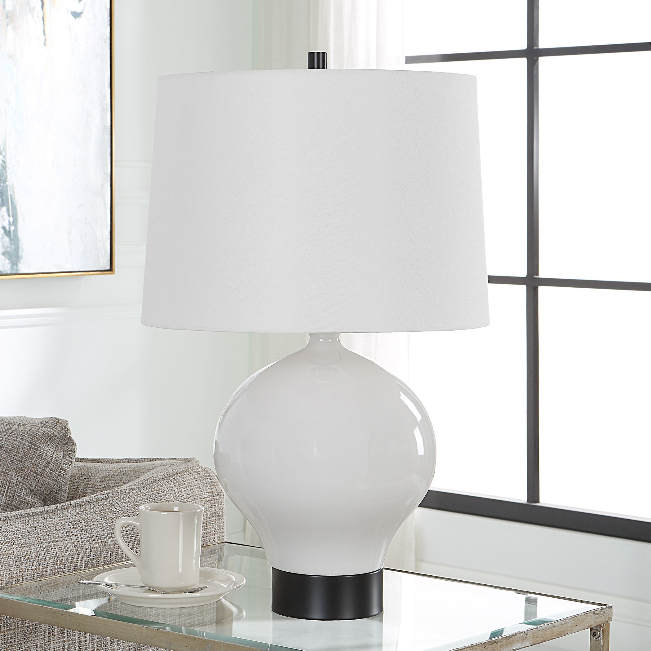 Collar 26 inch 150 watt Gloss White Glaze and Satin Black Table Lamp Portable Light