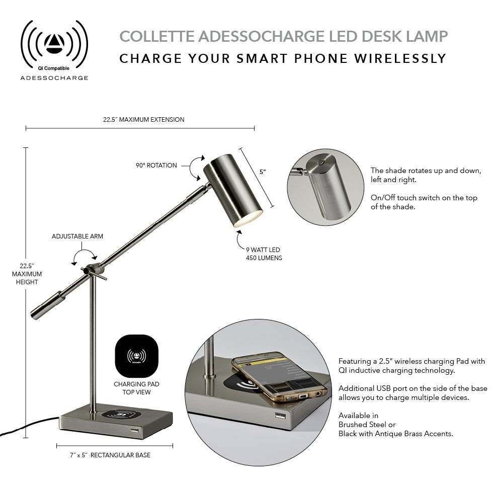 Collette 12 inch 7.00 watt Brushed Steel Desk Lamp Portable Light, with AdessoCharge Wireless Charging Pad and USB Port
