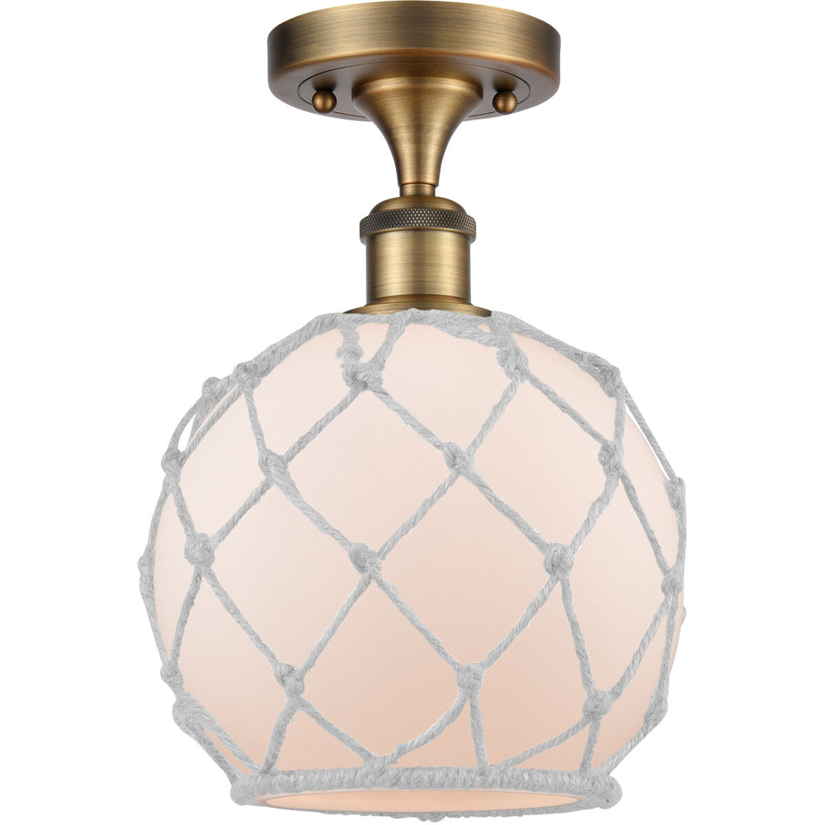 Ballston Farmhouse Rope 1 Light 8 inch Brushed Brass Semi-Flush Mount Ceiling Light in White Glass with White Rope, Ballston