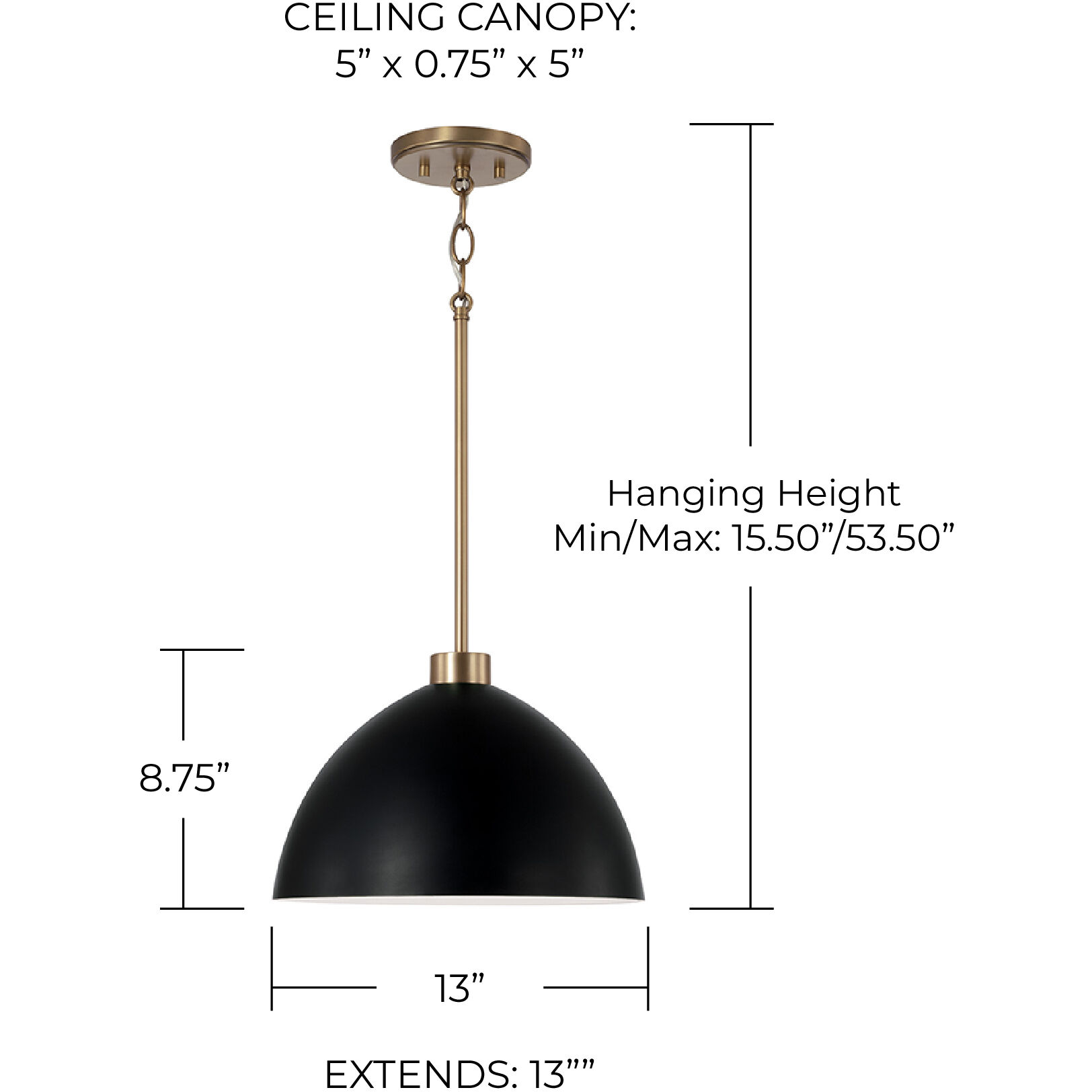 Ross 1 Light 13 inch Aged Brass Pendant Ceiling Light in Matte Black with White Interior