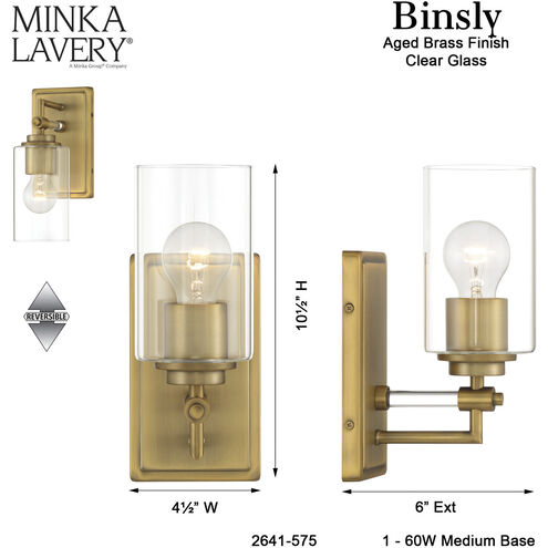 Binsly 1 Light 4.5 inch Aged Brass Bath Vanity Wall Light