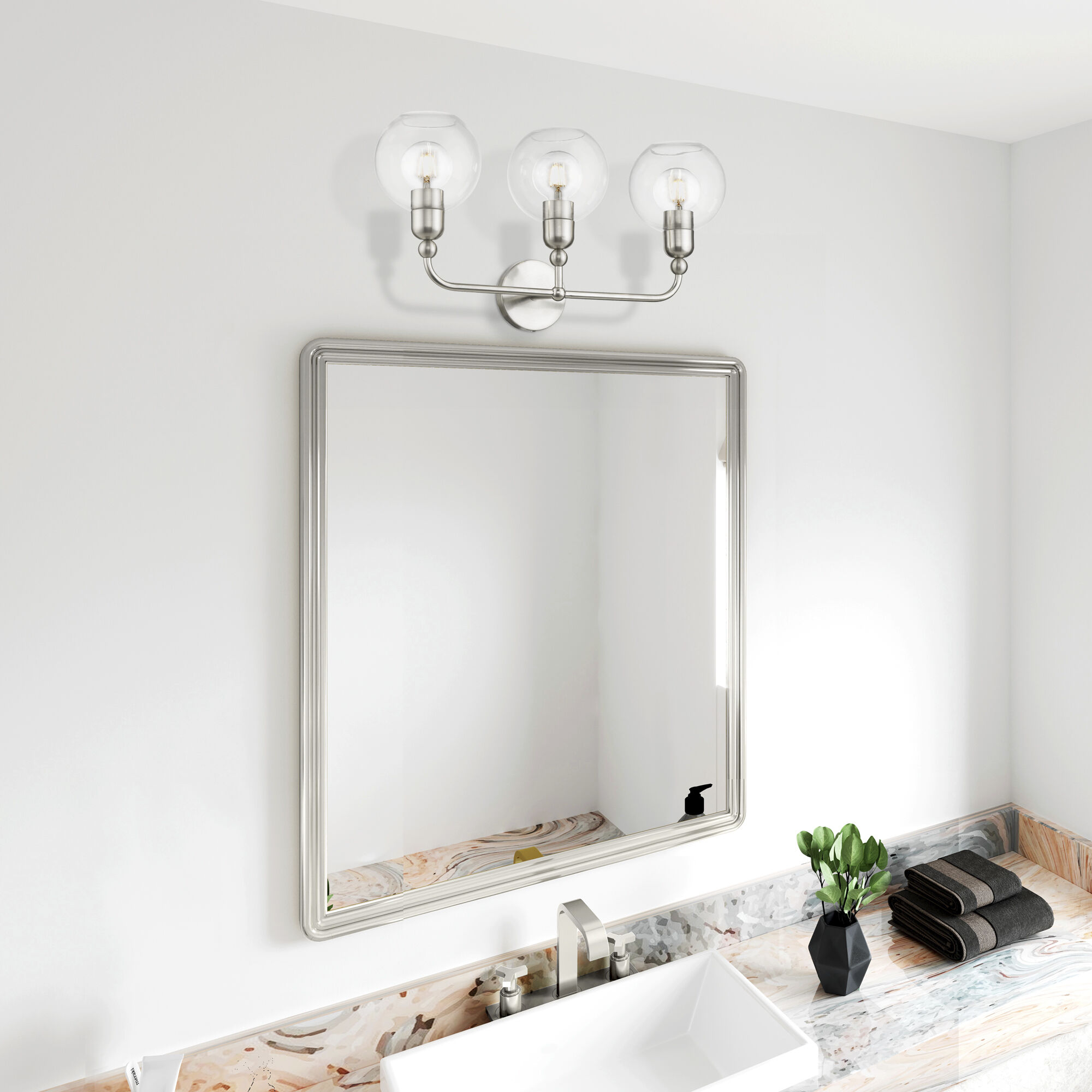 Downtown 3 Light 24 inch Brushed Nickel Vanity Sconce Wall Light, Sphere