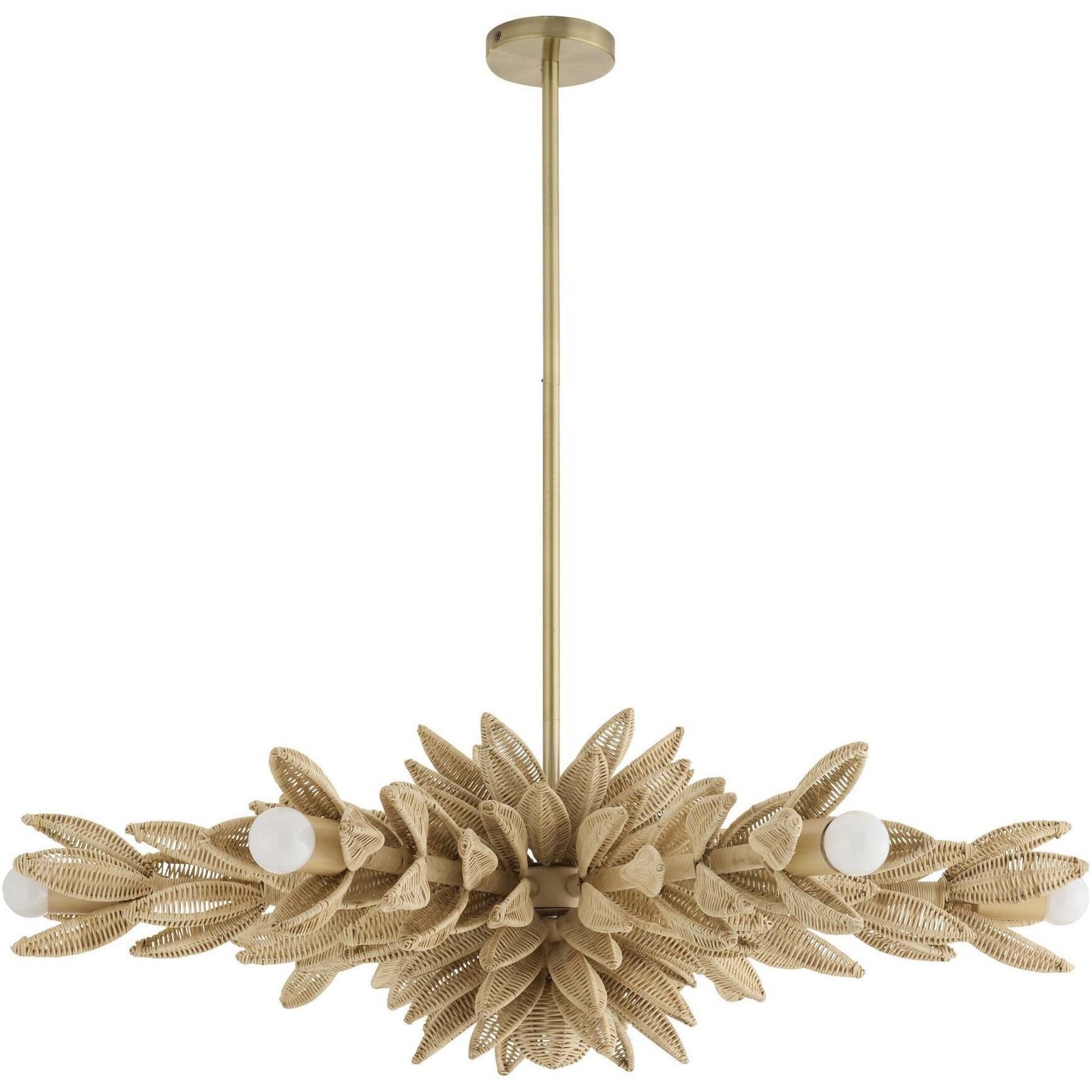 Kasai 6 Light 36.5 inch Natural Rattan and Antique Brass Semi-Flush Mount Ceiling Light