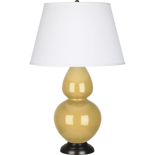 Double Gourd 31 inch 150.00 watt Sunset Yellow Glazed Ceramic with Deep Patina Bronze Table Lamp Portable Light in Pearl Dupioni
