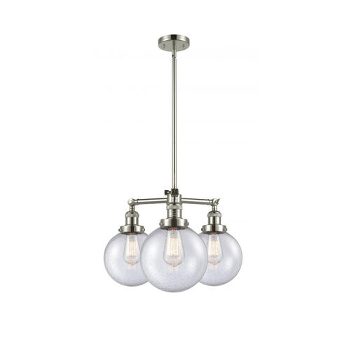 Franklin Restoration Large Beacon 3 Light 22 inch Polished Nickel Chandelier Ceiling Light in Seedy Glass, Franklin Restoration