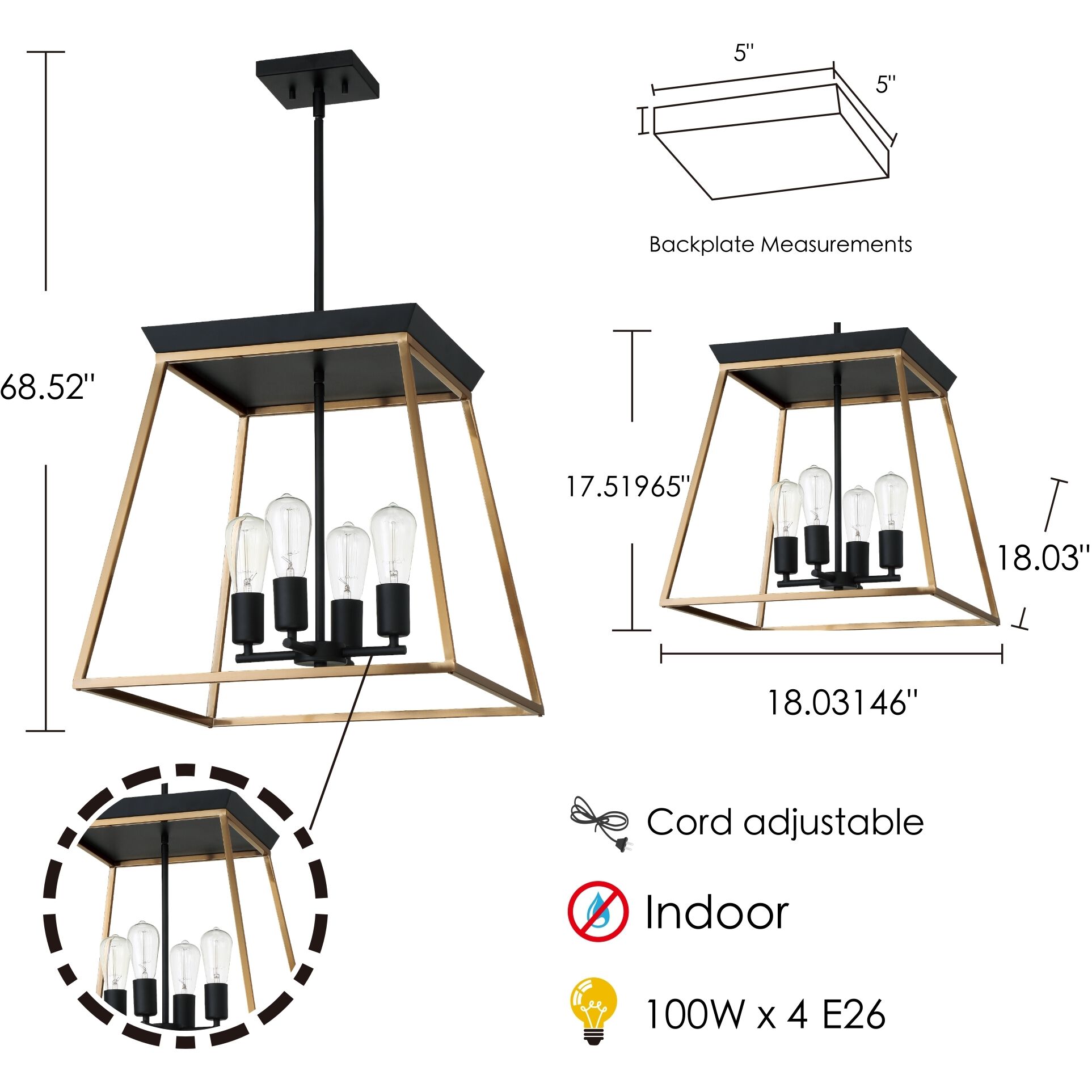 Paulino 4 Light 18.03 inch Brushed Gold and Matte Black Pendant Ceiling Light
