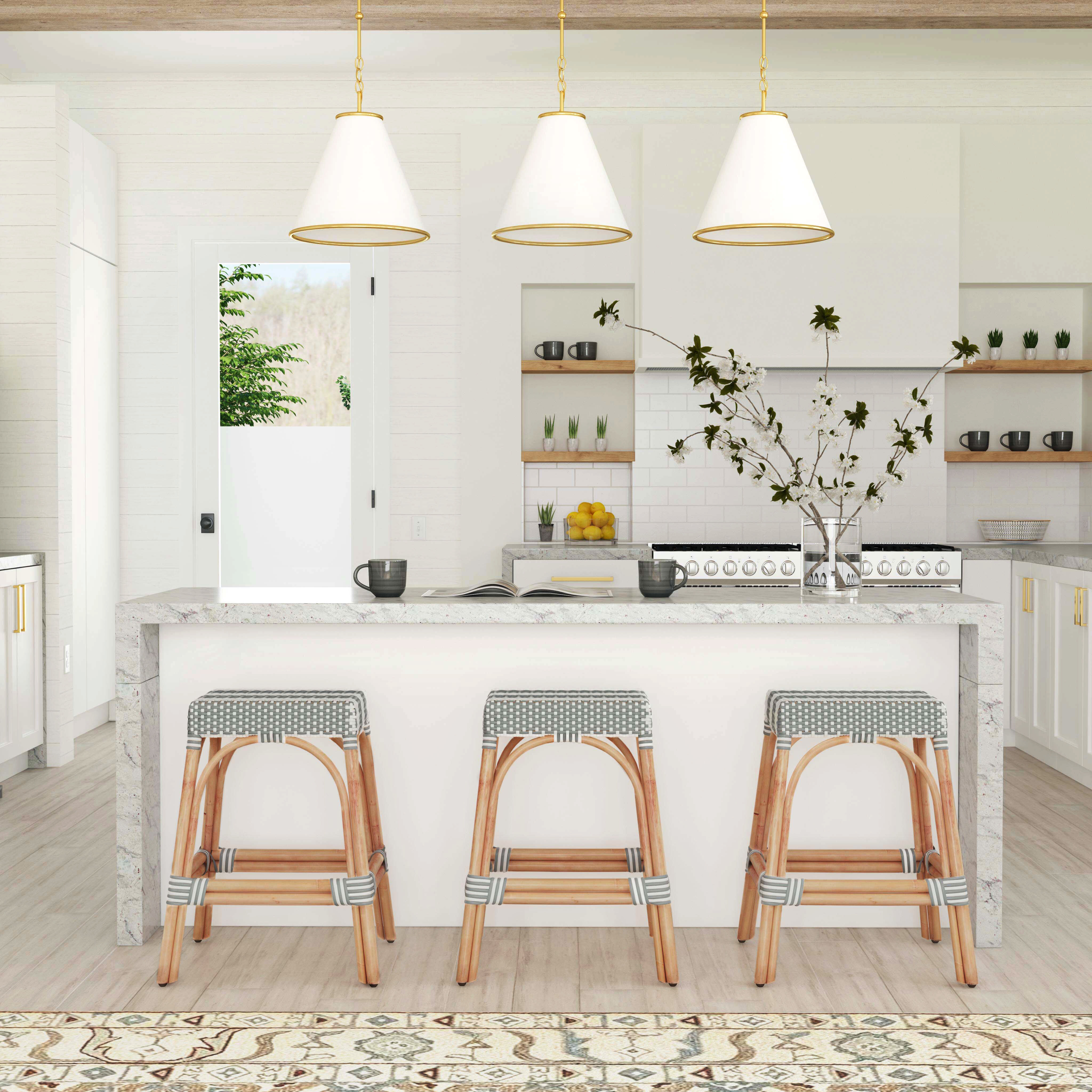 Robias Rectangular Rattan 24.5" Counter Stool in Gray and White Stripe