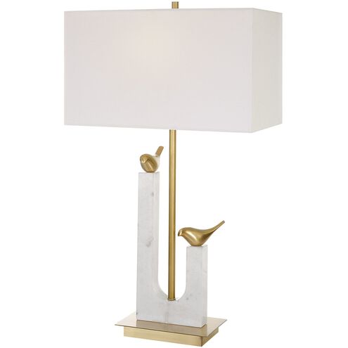 Songbirds 30 inch 150 watt Cast Brass and White Marble with Brushed Brass Table Lamp Portable Light