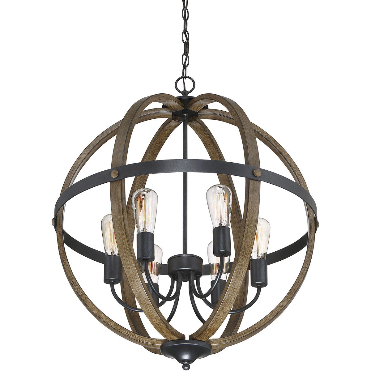 Farmhouse 6 Light 24 inch Wood with Black Pendant Ceiling Light
