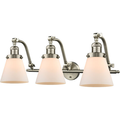 Franklin Restoration Small Cone 3 Light 28 inch Brushed Satin Nickel Bath Vanity Light Wall Light in Matte White Glass, Franklin Restoration