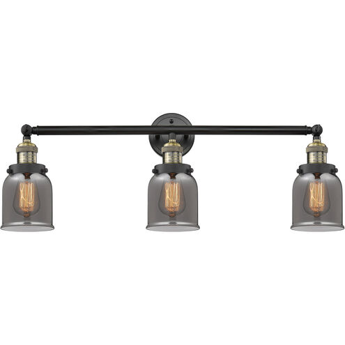 Franklin Restoration Small Bell 3 Light 30 inch Black Antique Brass Bath Vanity Light Wall Light in Plated Smoke Glass, Franklin Restoration