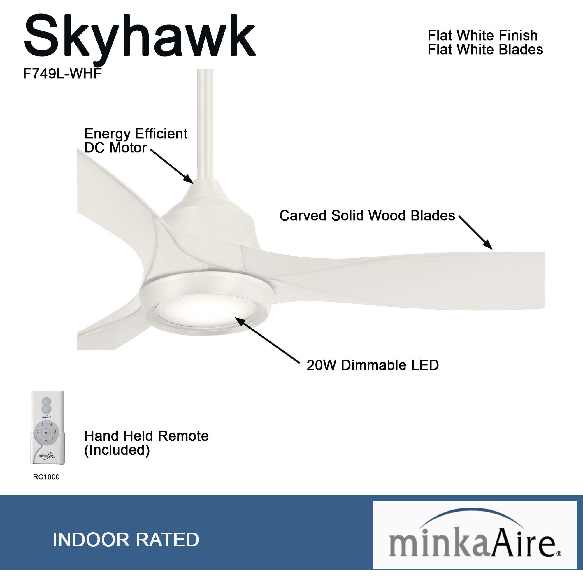 Skyhawk 60 inch Flat White Ceiling Fan