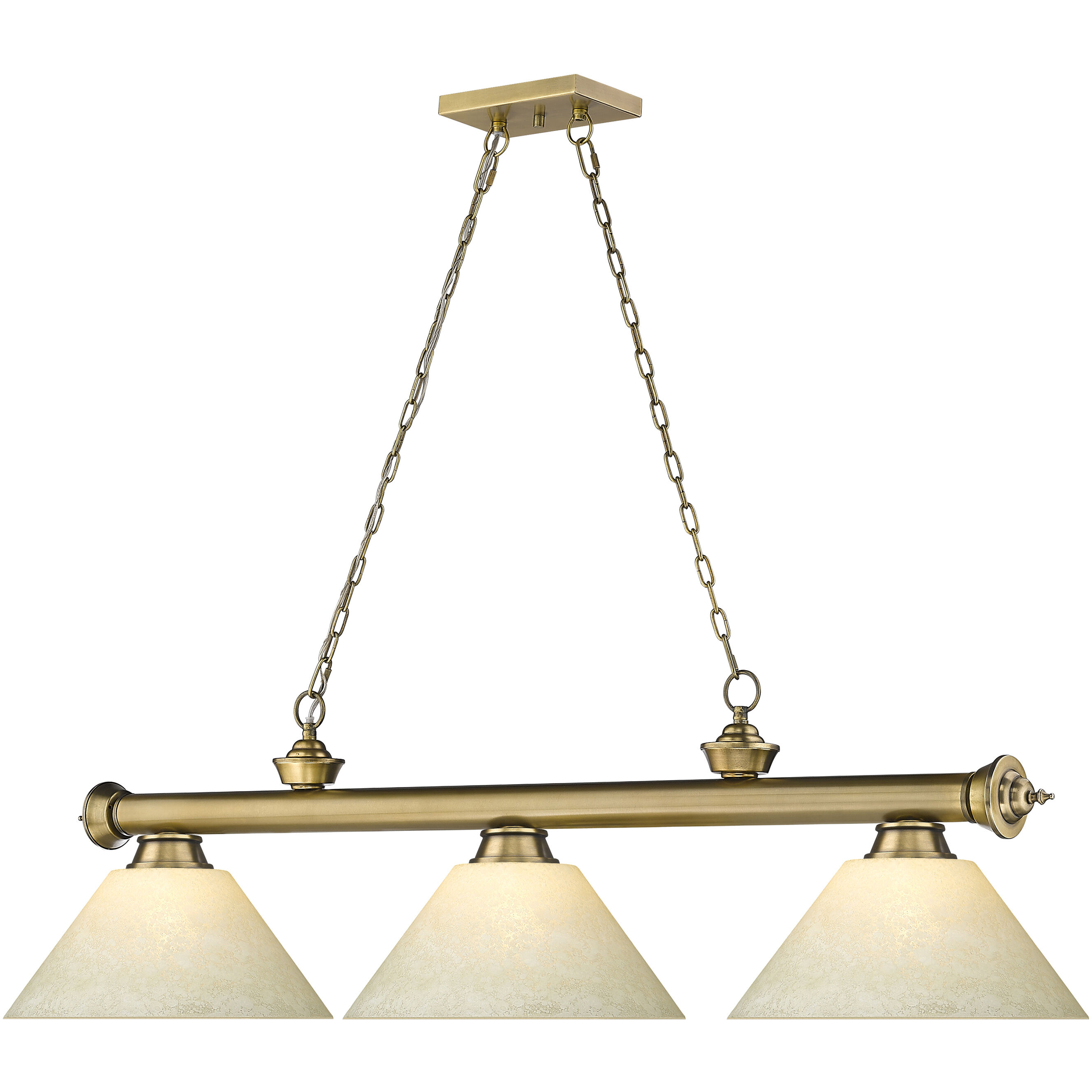 Cordon 3 Light 57.25 inch Rubbed Brass Billiard Ceiling Light in Golden Mottle Glass