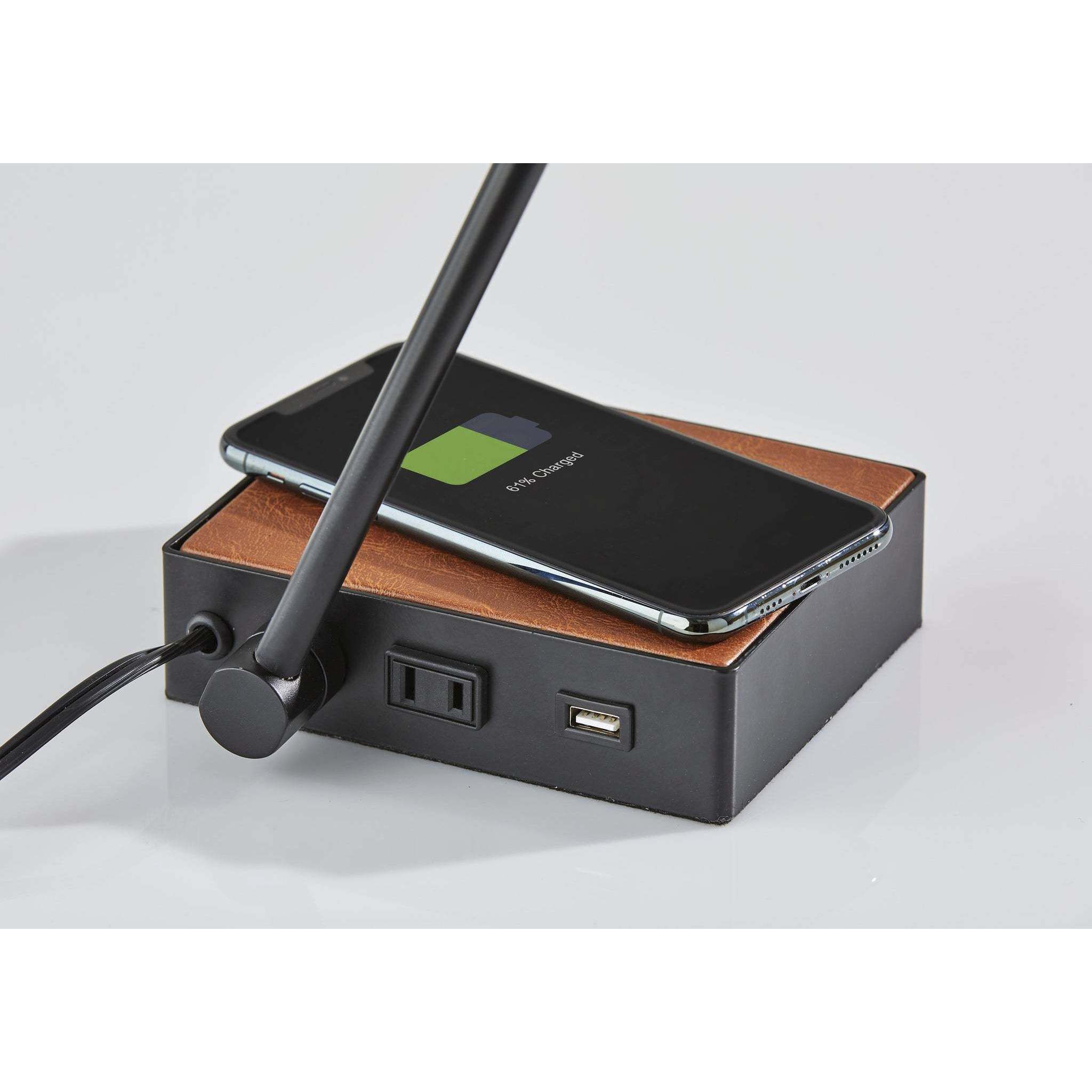Sawyer 17 inch 7.00 watt Black with Camel Brown Leather Wireless Charging Desk Lamp Portable Light, with AdessoCharge