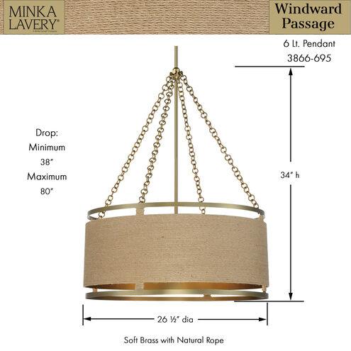 Windward Passage 6 Light 27 inch Soft Brass Pendant Ceiling Light