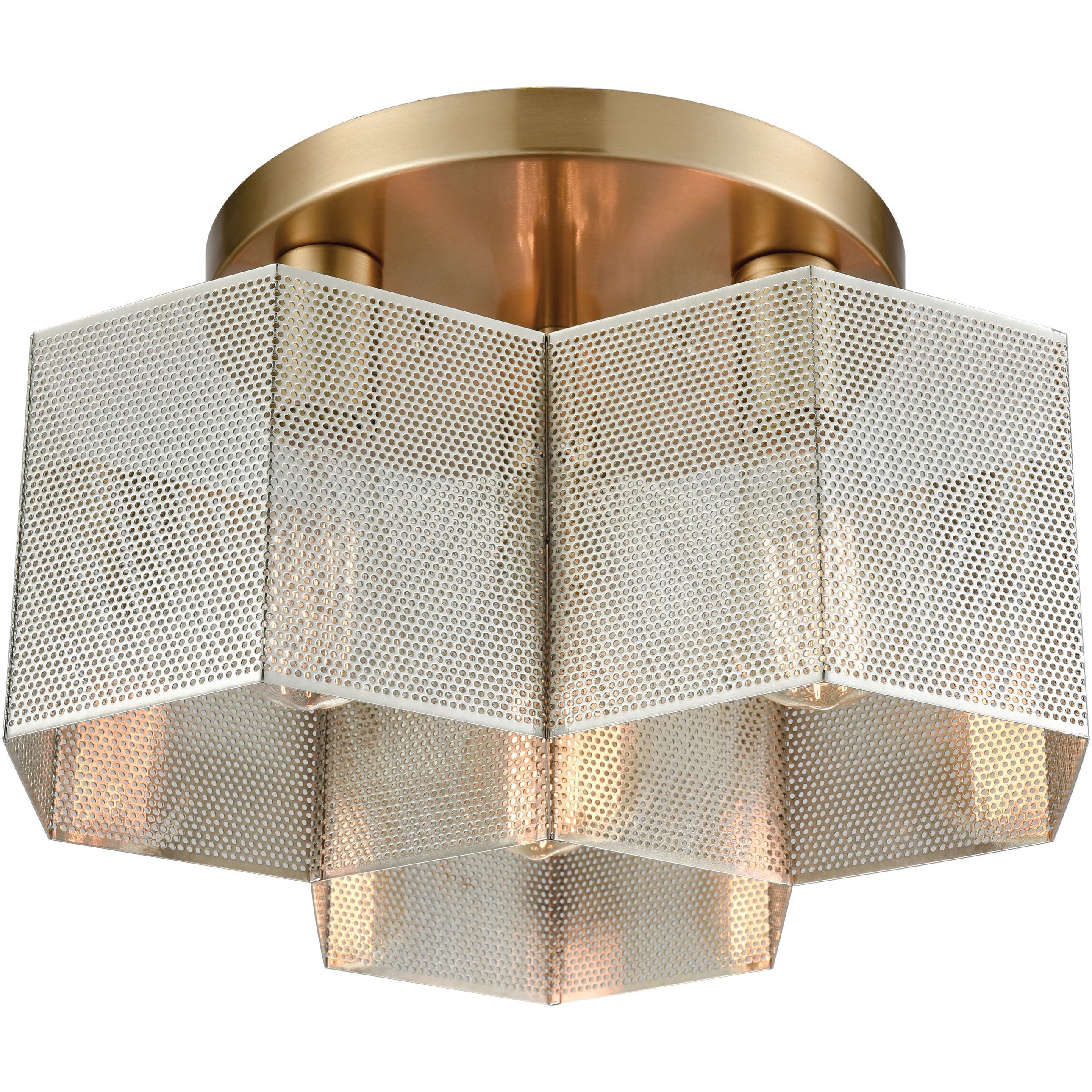 Compartir 3 Light 15 inch Satin Brass with Satin Nickel Semi Flush Mount Ceiling Light