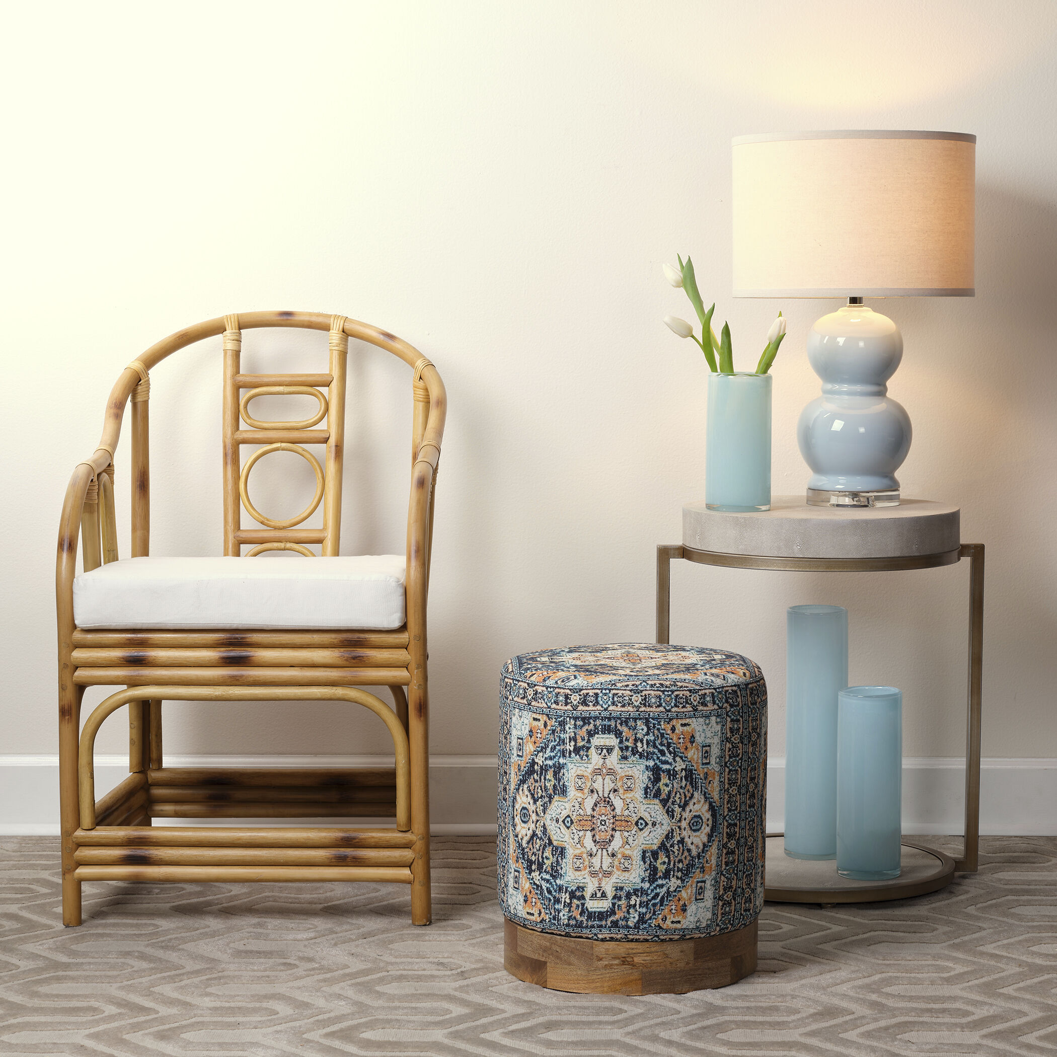 Chester Round 23.5 X 20.5 inch Ivory Faux Shagreen and Antique Brass Metal Side Table