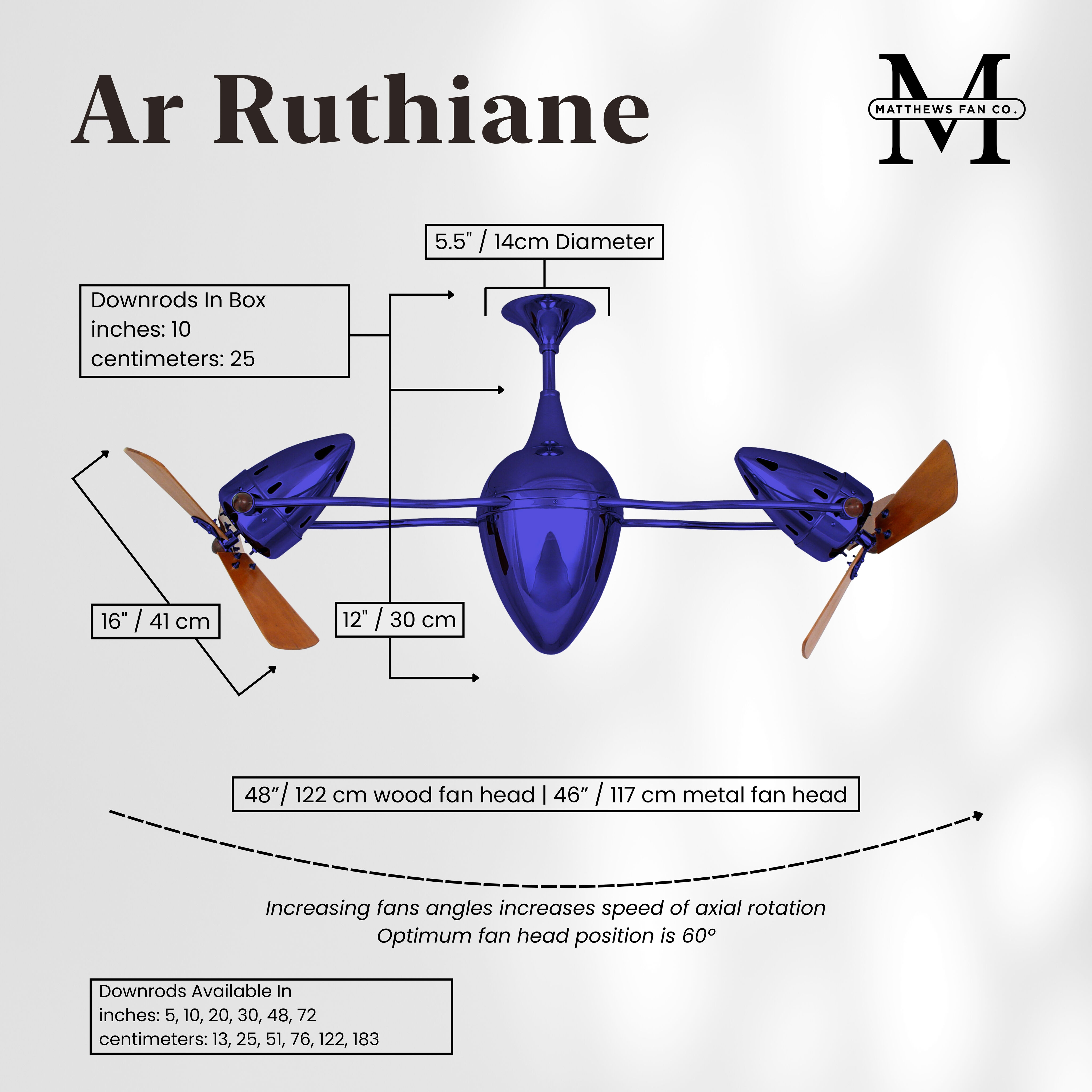 Matthews-Gerbar Ar Ruthiane 16 inch Safira with Solid Mahogany Wood Blades Rotational Ceiling Fan