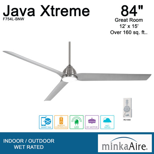 Java Xtreme 84 inch Brushed Nickel Wet with Silver Blades Indoor/Outdoor Ceiling Fan, Wifi
