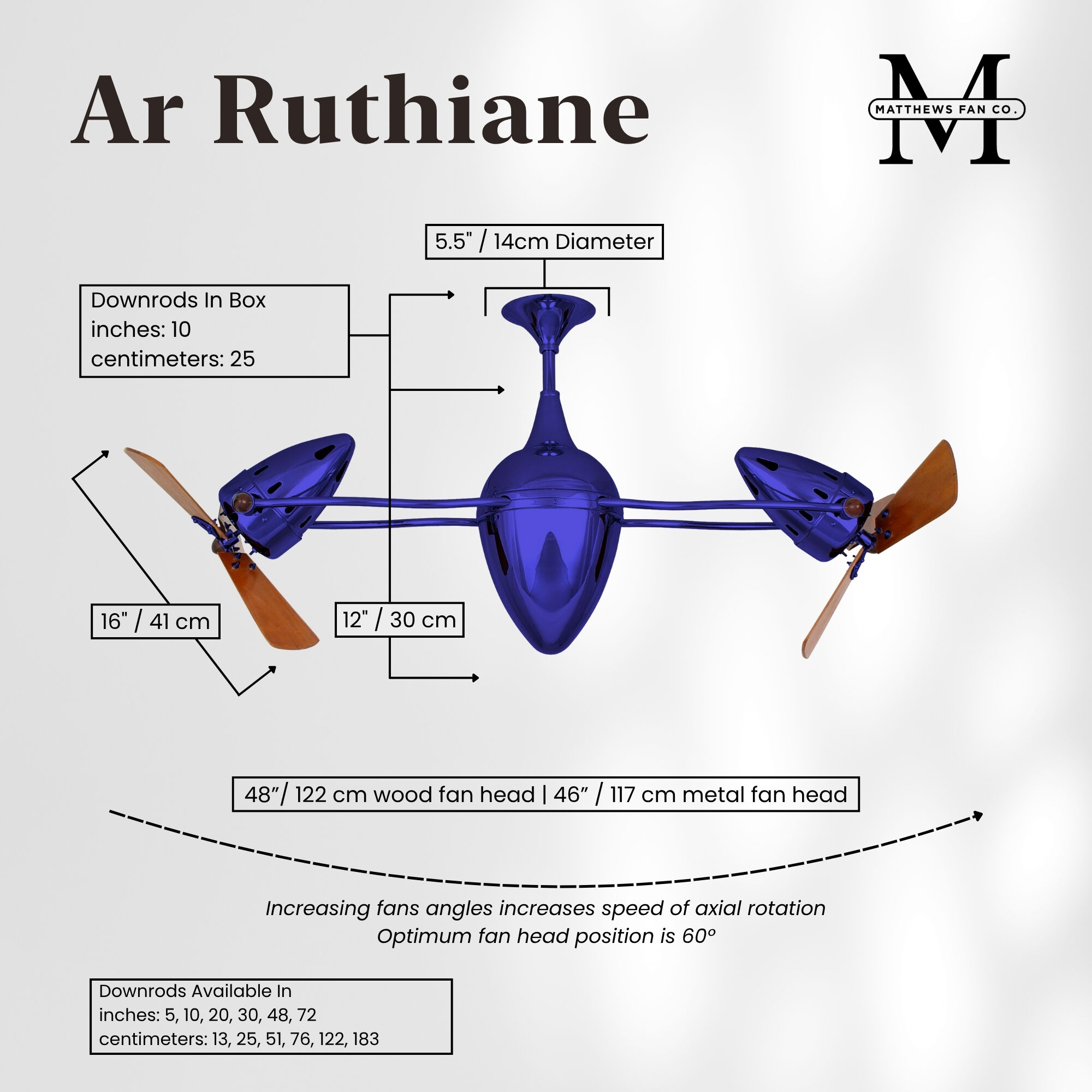 Matthews-Gerbar Ar Ruthiane 16 inch Safira with Solid Mahogany Wood Blades Rotational Ceiling Fan