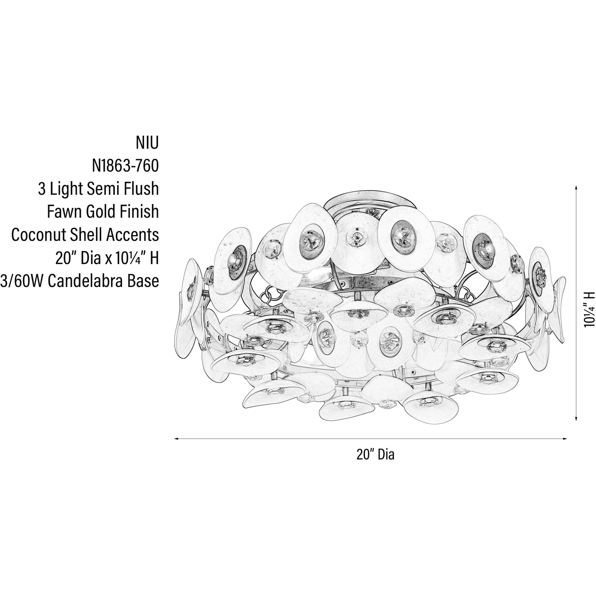 Niu 3 Light 20 inch Coconut Shell Gold / Coconut Shell White Semi Flush Ceiling Light