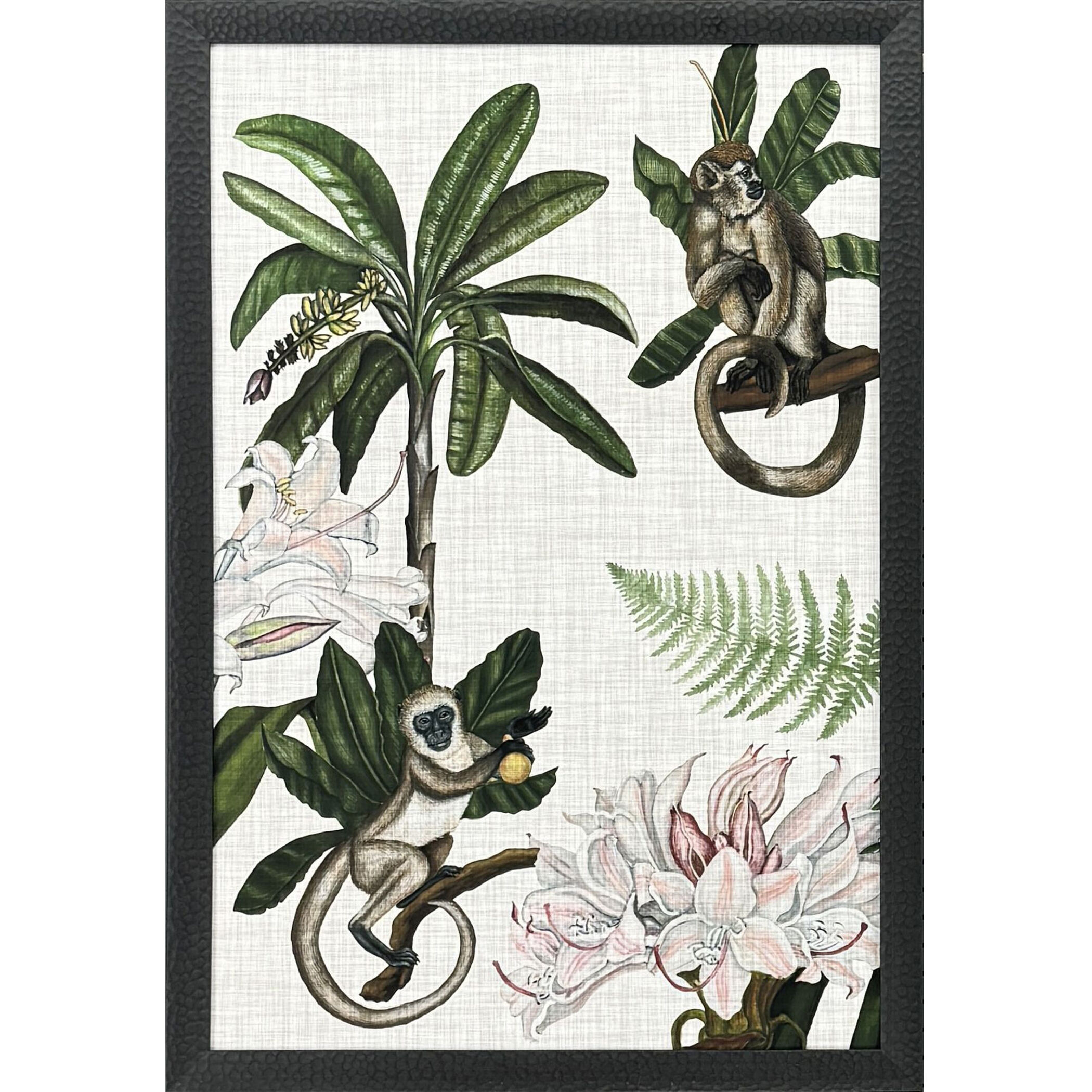 Monkey on Linen Green and Beige and Multi and Pink Framed Art